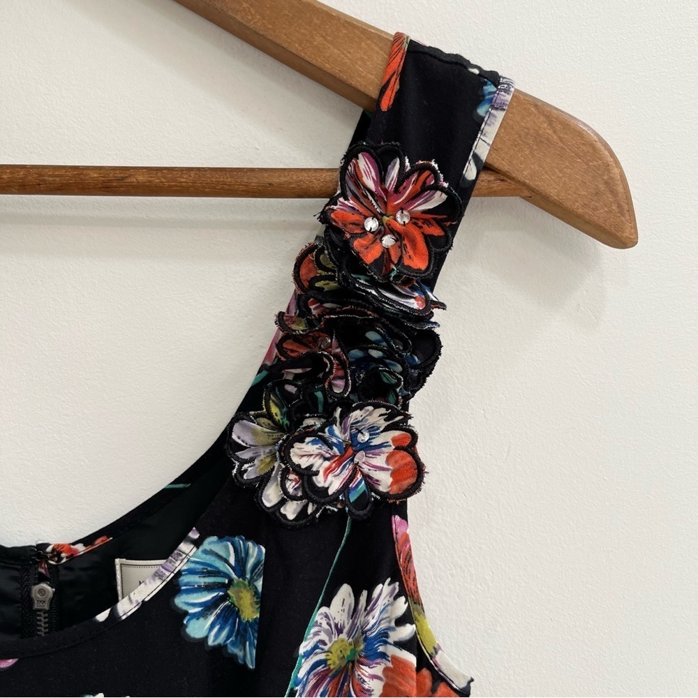Anthropologie Moulinette Soeurs 3D Floral Appliqué Dress Tea Length Black Green - Picture 6 of 12